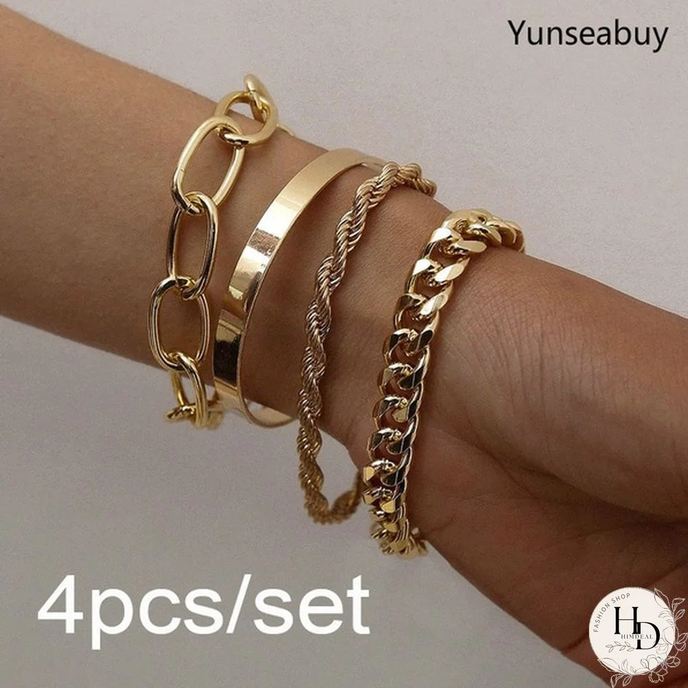 4pcs Punk Curb Cuban Chain Bracelets Set for Women Miami Boho Thick Gold Color Charm Bracelets Bangles Fashion Jewelry