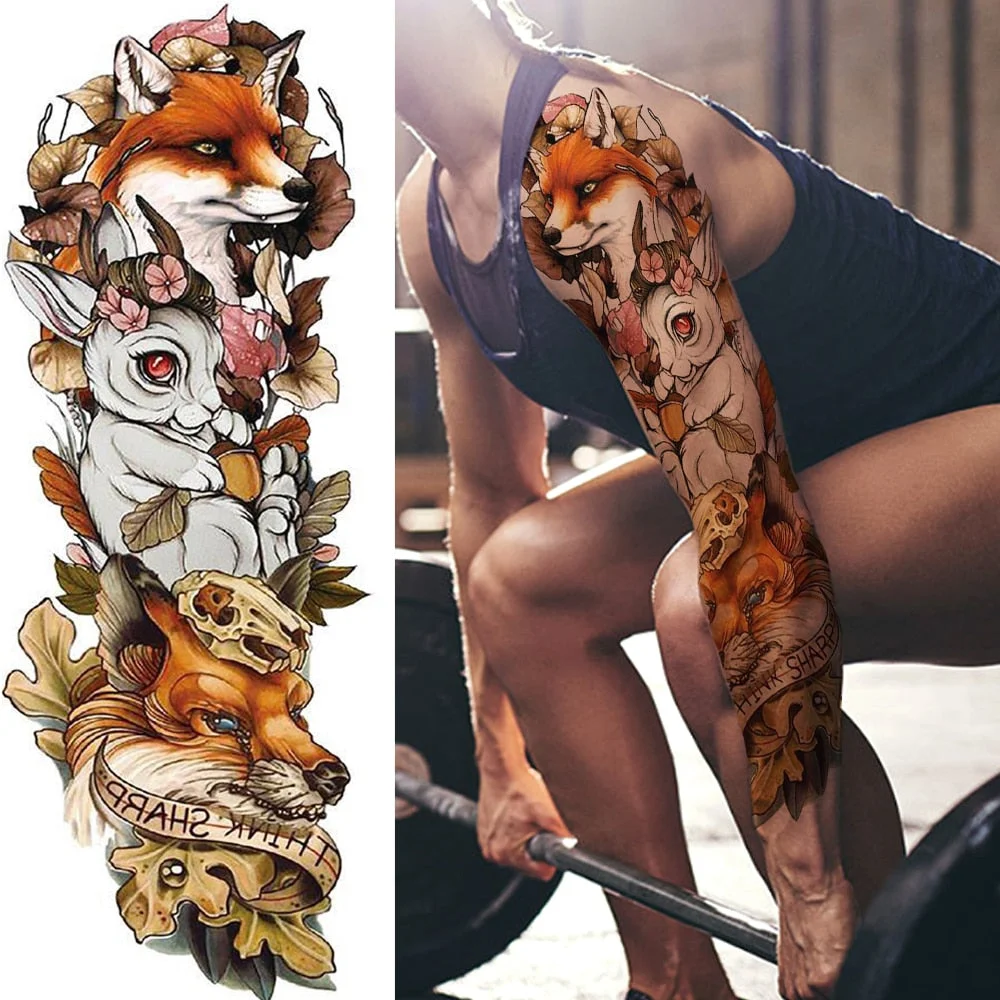 Sexy Wolf Full Flower Arm Temporary Tattoo Stickers For Men Body Art Sleeve Tattoo Decals Girl Women Waterproof Tatoo Fox Legs