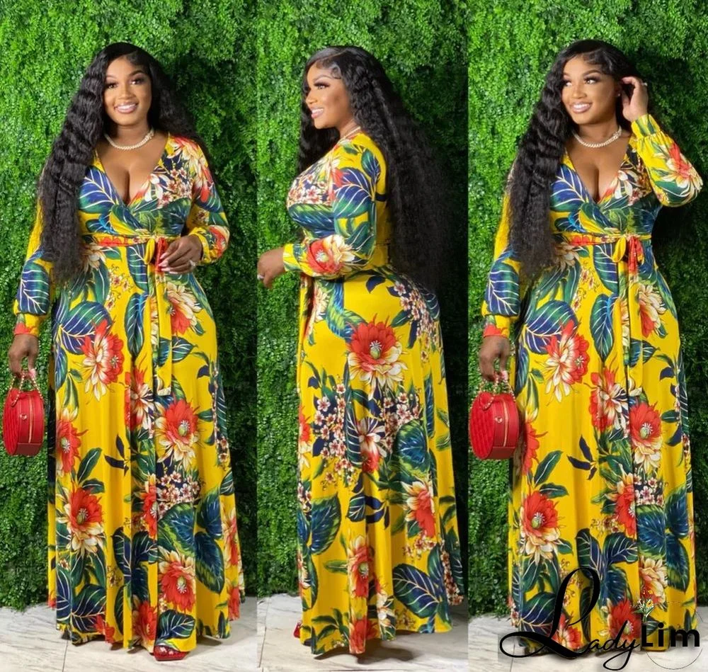 Women's Sexy V-Neck Floral Printed Plus Size Long Sleeve Slit Maxi Dress