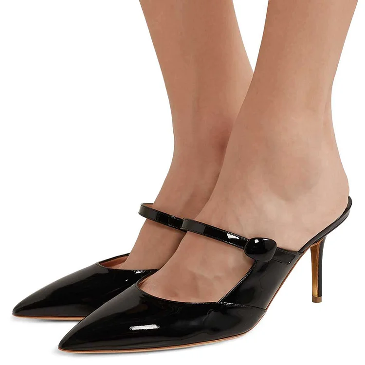 Black Patent Leather Buckle Strap Pointed Toe Mule Heels |FSJ Shoes