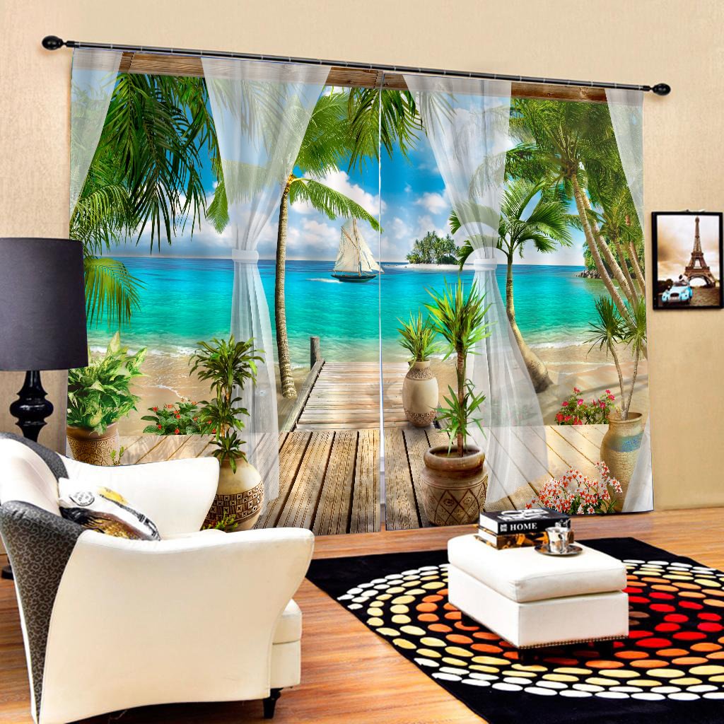 3D Curtain Tropical Jungle Sea View Curtain - vzzhome