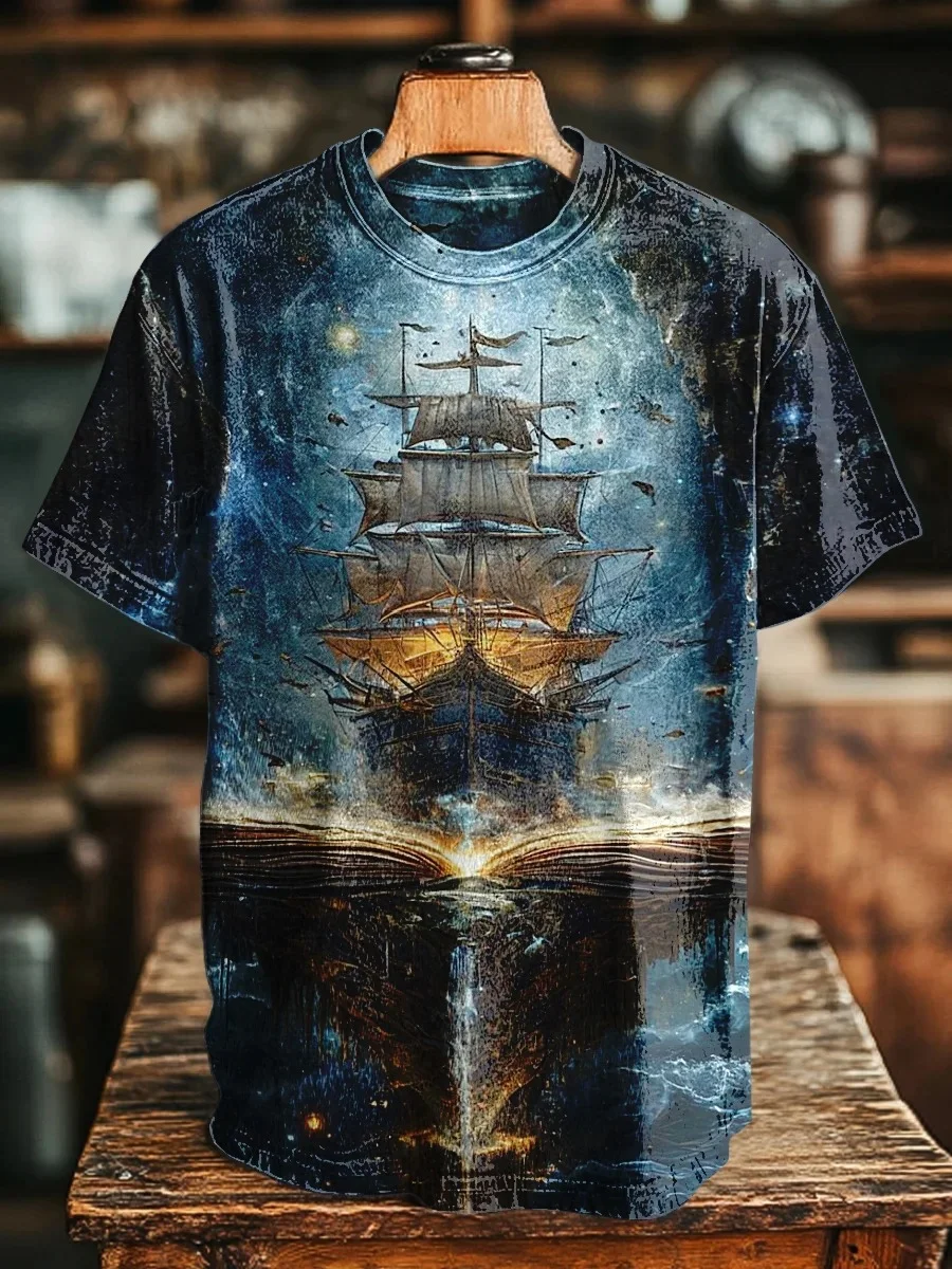 Eagerlys Retro Mysterious Sailboat Art Print T-shirt Eagerlys