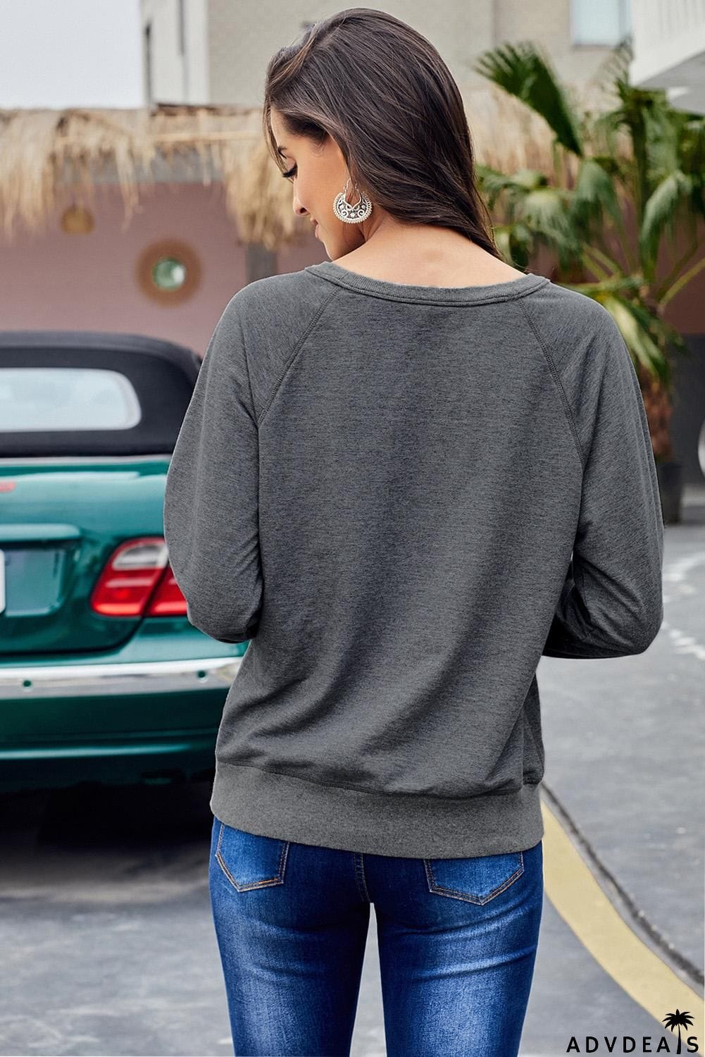 Womens Gray French Terry Cotton Blend Pullover Sweatshirt