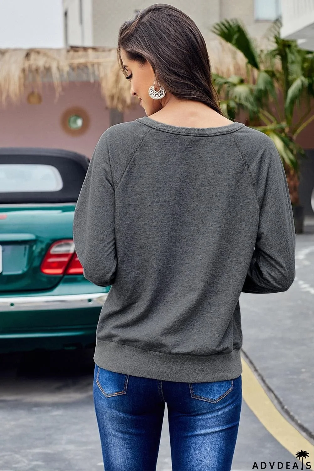 Womens Gray French Terry Cotton Blend Pullover Sweatshirt