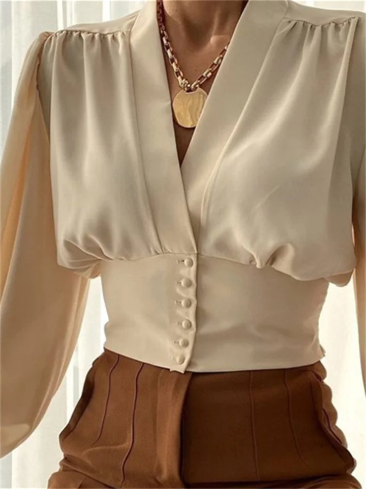 Spring New Solid Color Slim Temperament Long-sleeved Button V Collar Urban Trend Set Head Lantern Sleeve Blouse Shirt