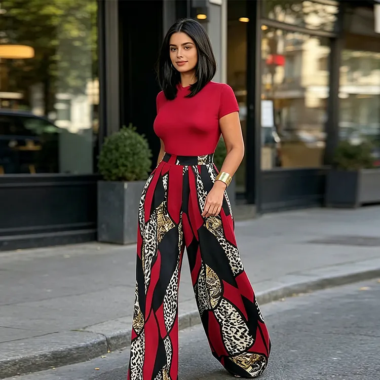Women's Top & Wide-Leg Pants 2-Piece Set