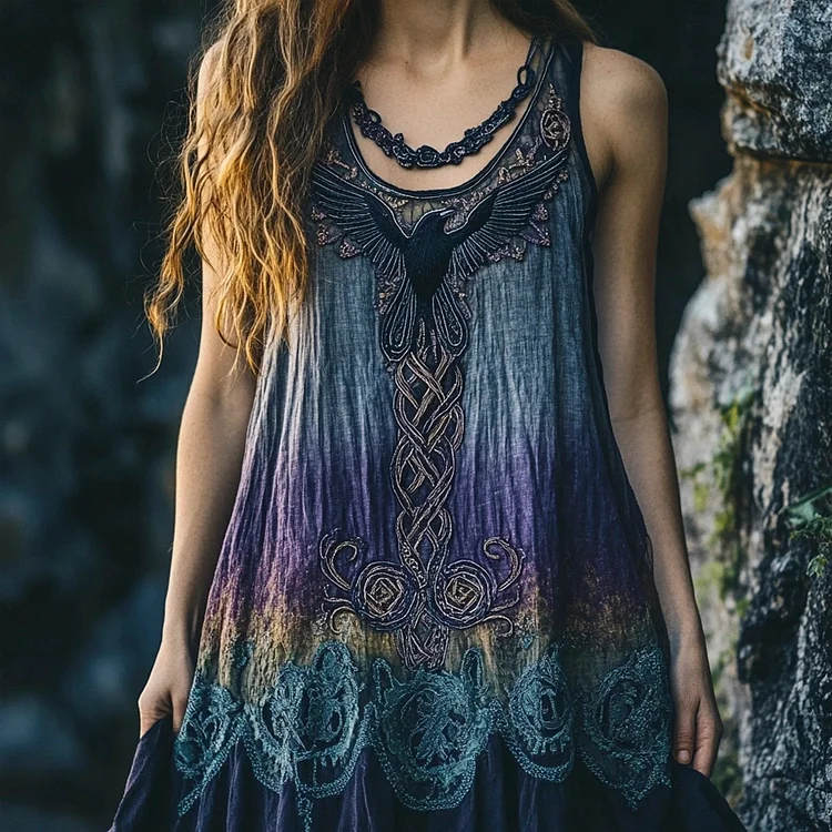 Raven Embroidered Vintage Lace Women's Linen Vest Dress