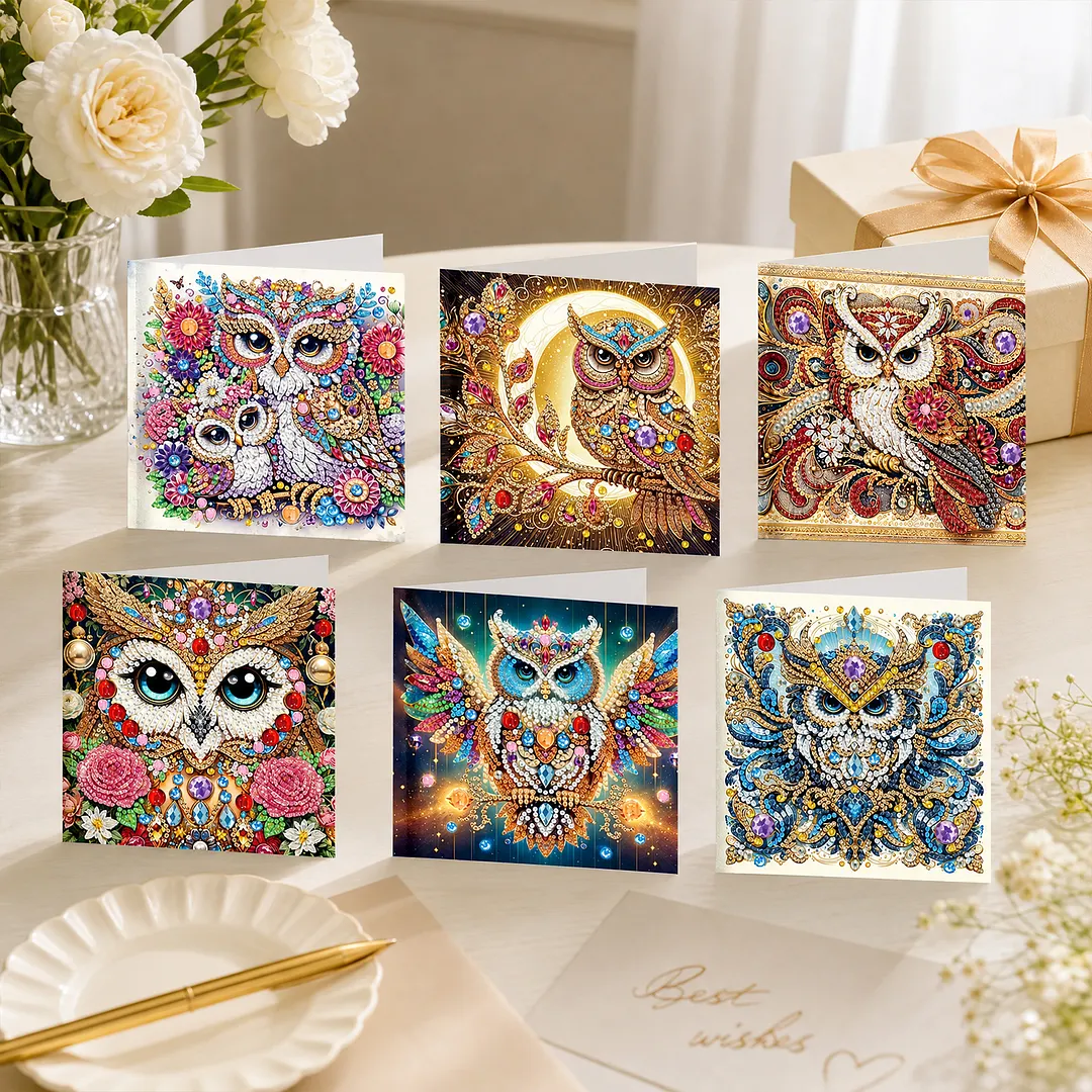 6pcs Owl DIY Diamond Painting Greeting Card Kits with Envelopes Diamond Art Greeting Cards Diamond Art Cards Kits for Adults DIY Crafts Family Friend Gifts