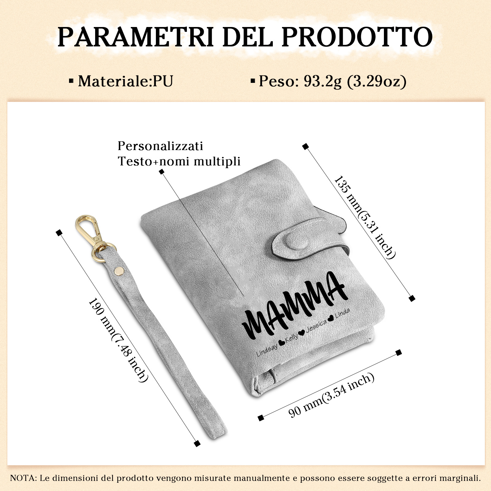 Portafoglio in PU pelle con 4 nomi & 2 testi & 1 foto personalizzati per mamma