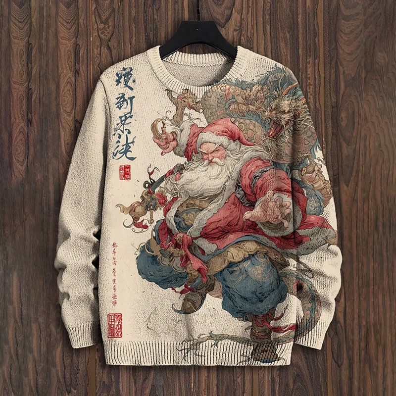 Men's Chinese Style Santa Claus And Dragon Art Print Knit Sweatshirt elevenforest