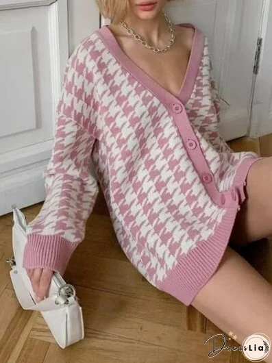Houndstooth Button Up Long Sleeve Cardigan