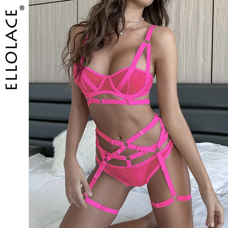 Ellolace Sensual Lingerie Bandage Transparent Erotic Underwear 3 Piece Bilizna Set Underwire Bra Garters Briefs Sexy Intimate