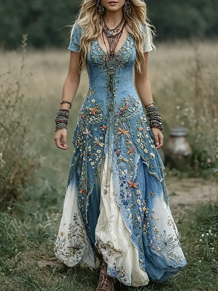 🦋 Women's Dragonfly & Floral Embroidered Ombre Tiered Boho Maxi Dress