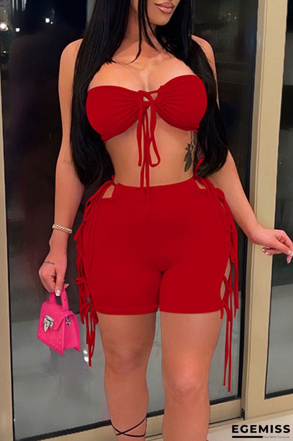 Red Sexy Solid Patchwork Frenulum Strapless Sleeveless Two Pieces | EGEMISS