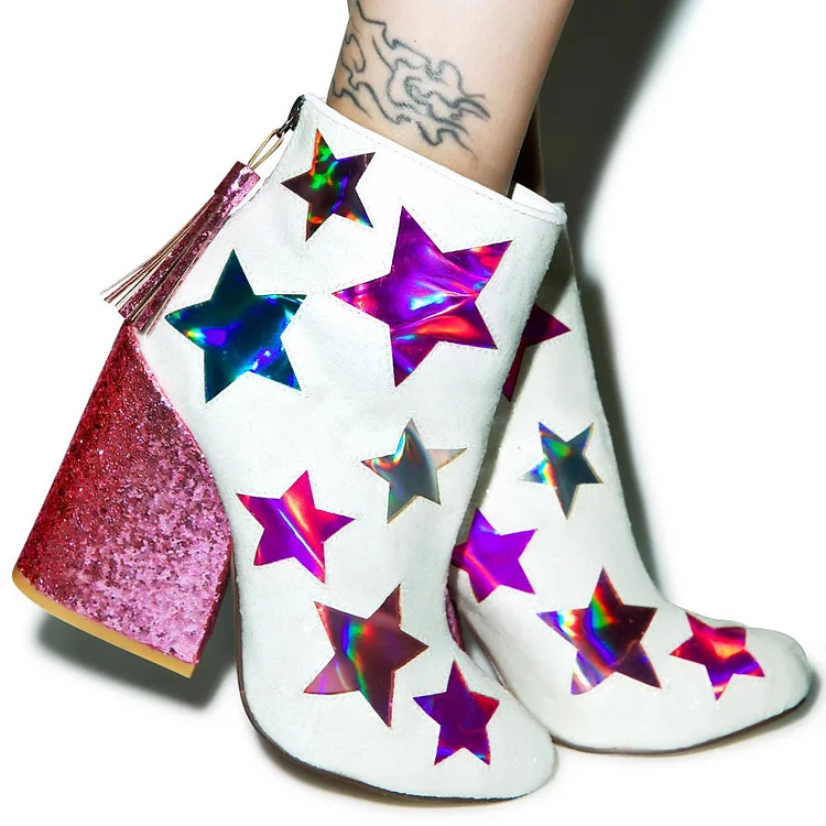 Pink and White Glitter Stars Chunky Heel Fashion Boots Vdcoo