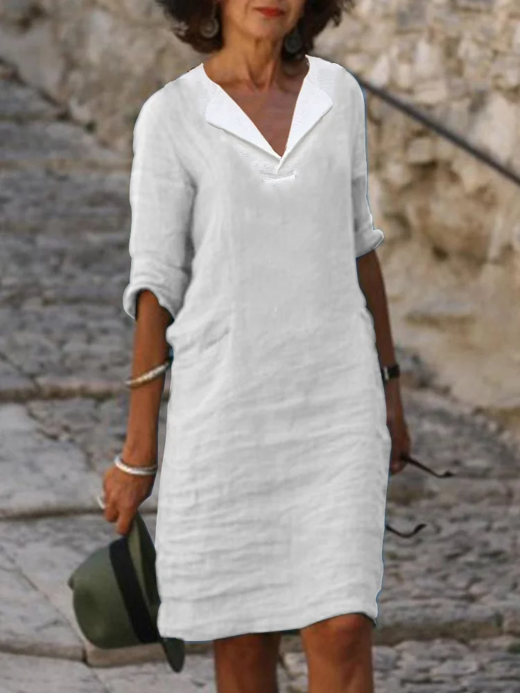 Women's Cotton Linen Dresses V-Neck Short Sleeve Casual Cotton Linen Dress