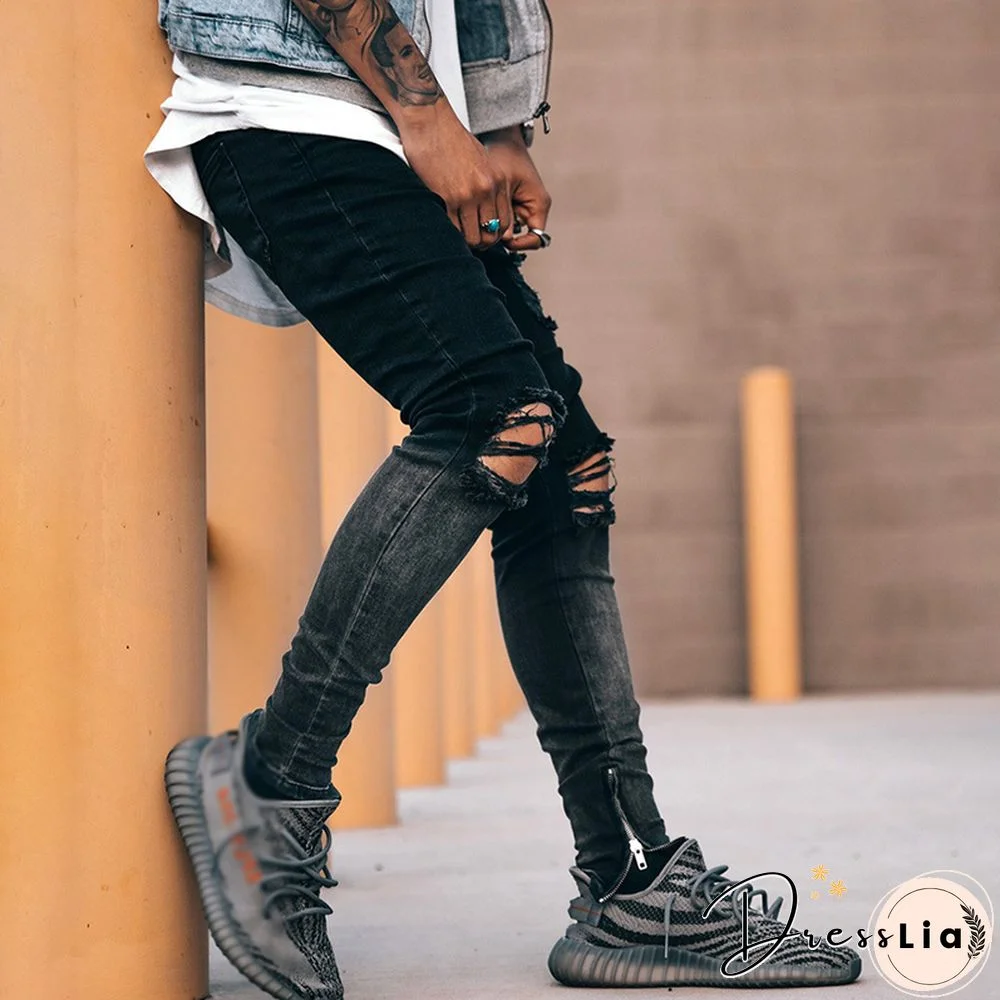 Men's Small Feet Black Fashion Jeans With Ripped Zipper Ankle