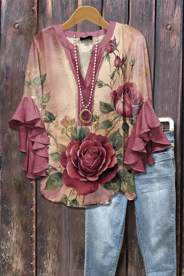 Elegant Floral Print Ruffle Sleeve Top