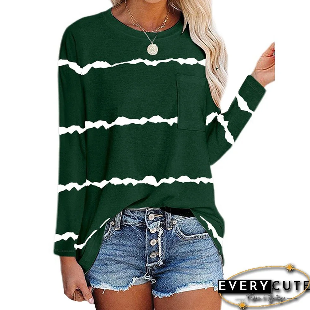 Green Striped Print Pocket Long Sleeve Top