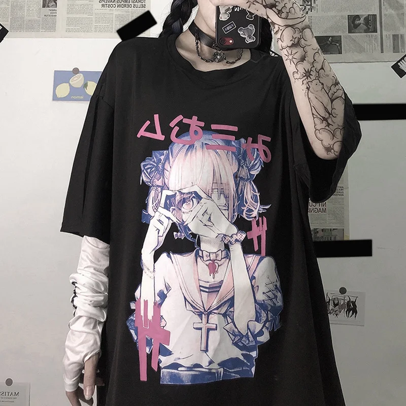 Women's Harajuku style printed short-sleeved T-shirt loose half-sleeved top Techwear Shop