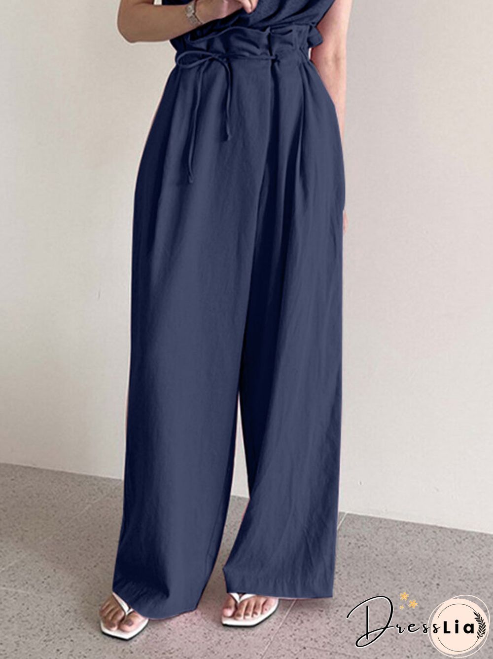 Ruffle Waist Solid Pocket Casual Loose Wide Leg Pants