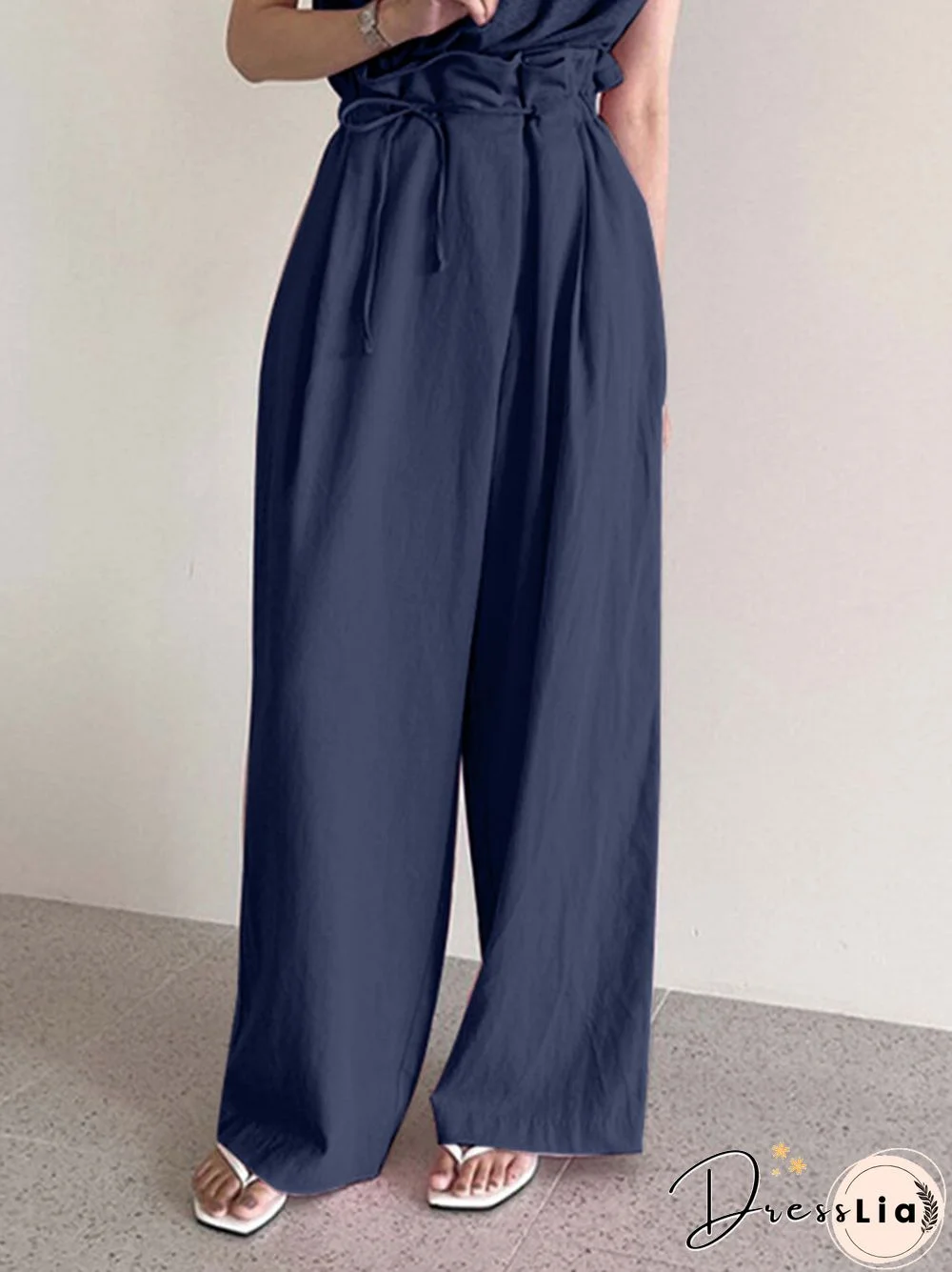 Ruffle Waist Solid Pocket Casual Loose Wide Leg Pants