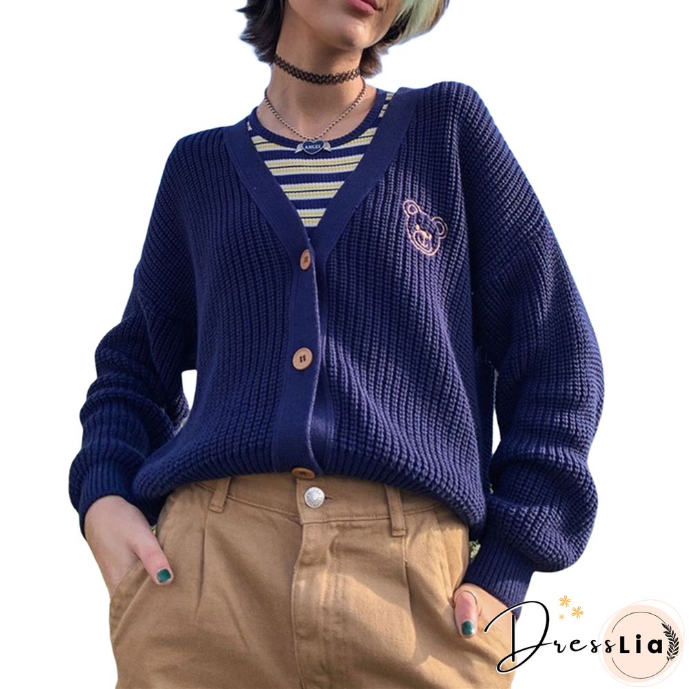 New Sweater Autumn White Knitted Cardigan Cute Bear Pattern Coat Sweater Female Clothes V Neck Button Tops
