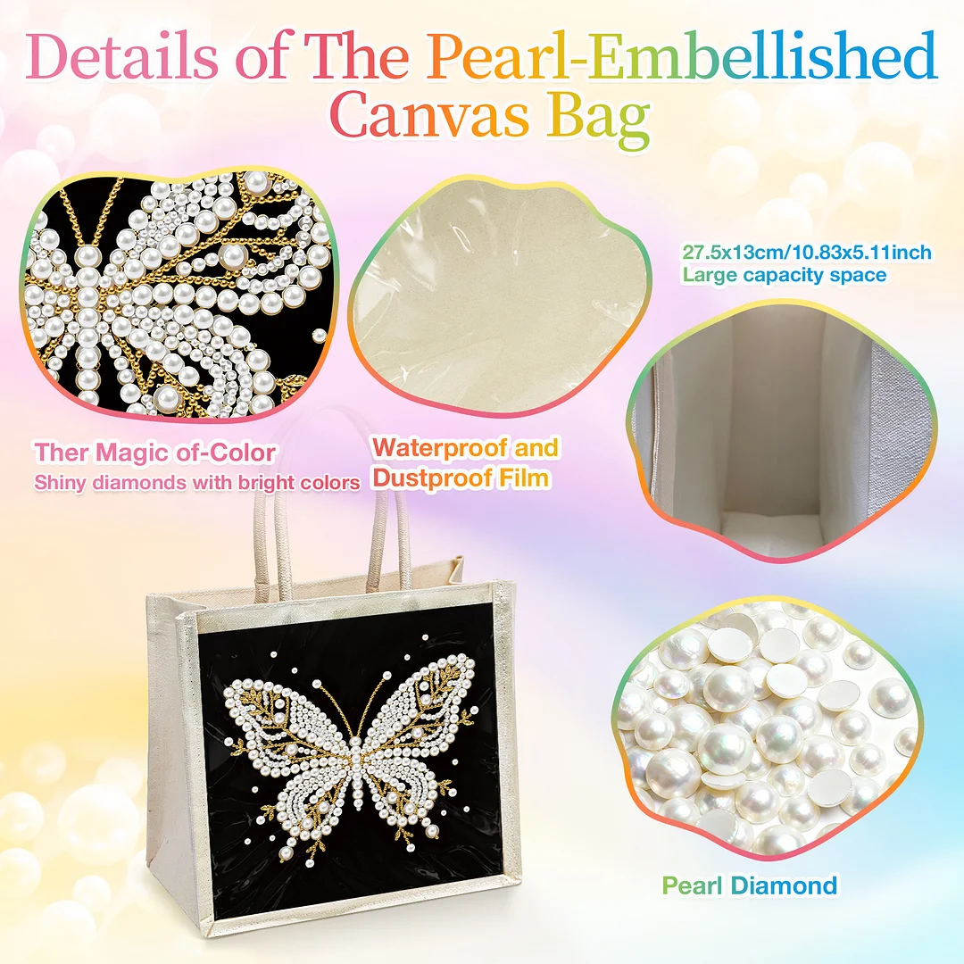 Pearl Butterfly DIY Diamond Painting Shopping Bag Crystal Painting Linen Tote Bags Waterproof Multi-Pocket Diamond Tote Handbag Large Capacity for Adults Beginners