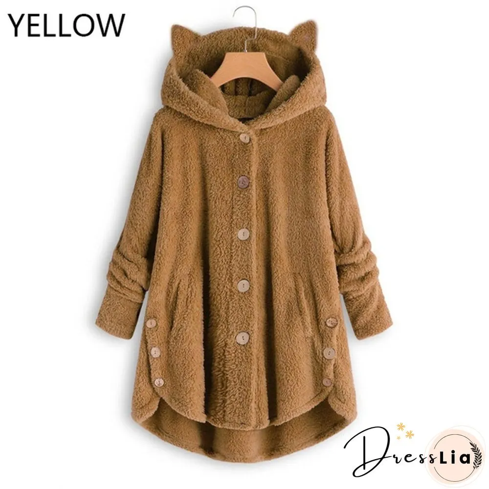 Fashion Women Coats Autumn Winter Outwear Tops Solid Color Plush Loose Cute Cat Ears Warm Fur Cardigan Coat with Pocket Plus Size S-5XL