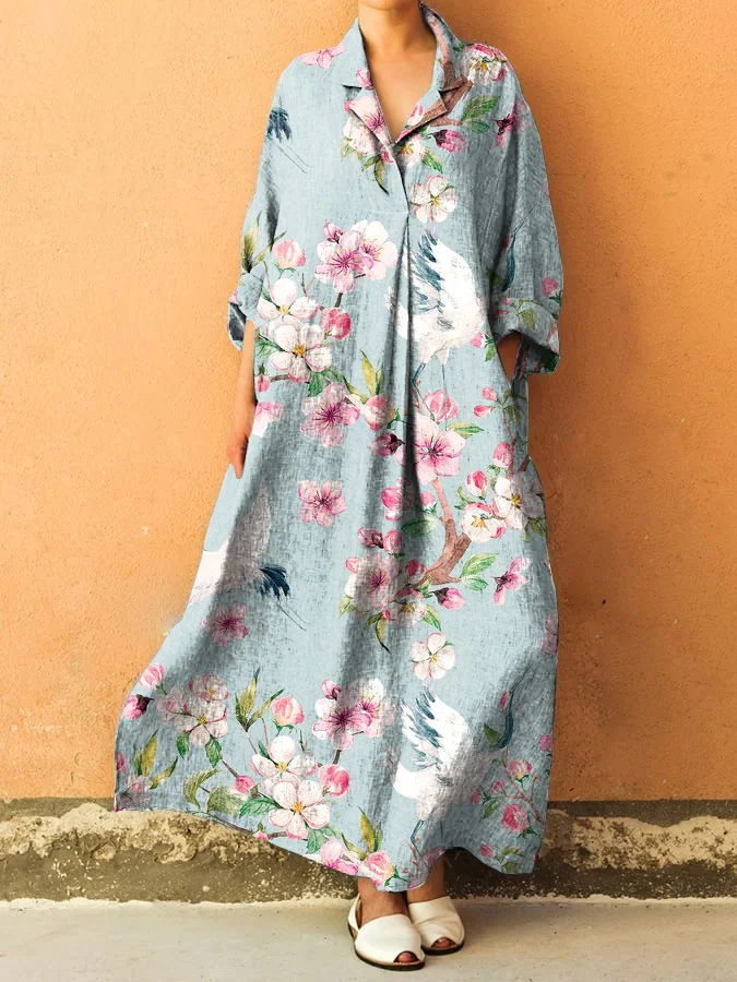 Vintage Floral Crane Print Shirt Collar Long Sleeve Loose Dress