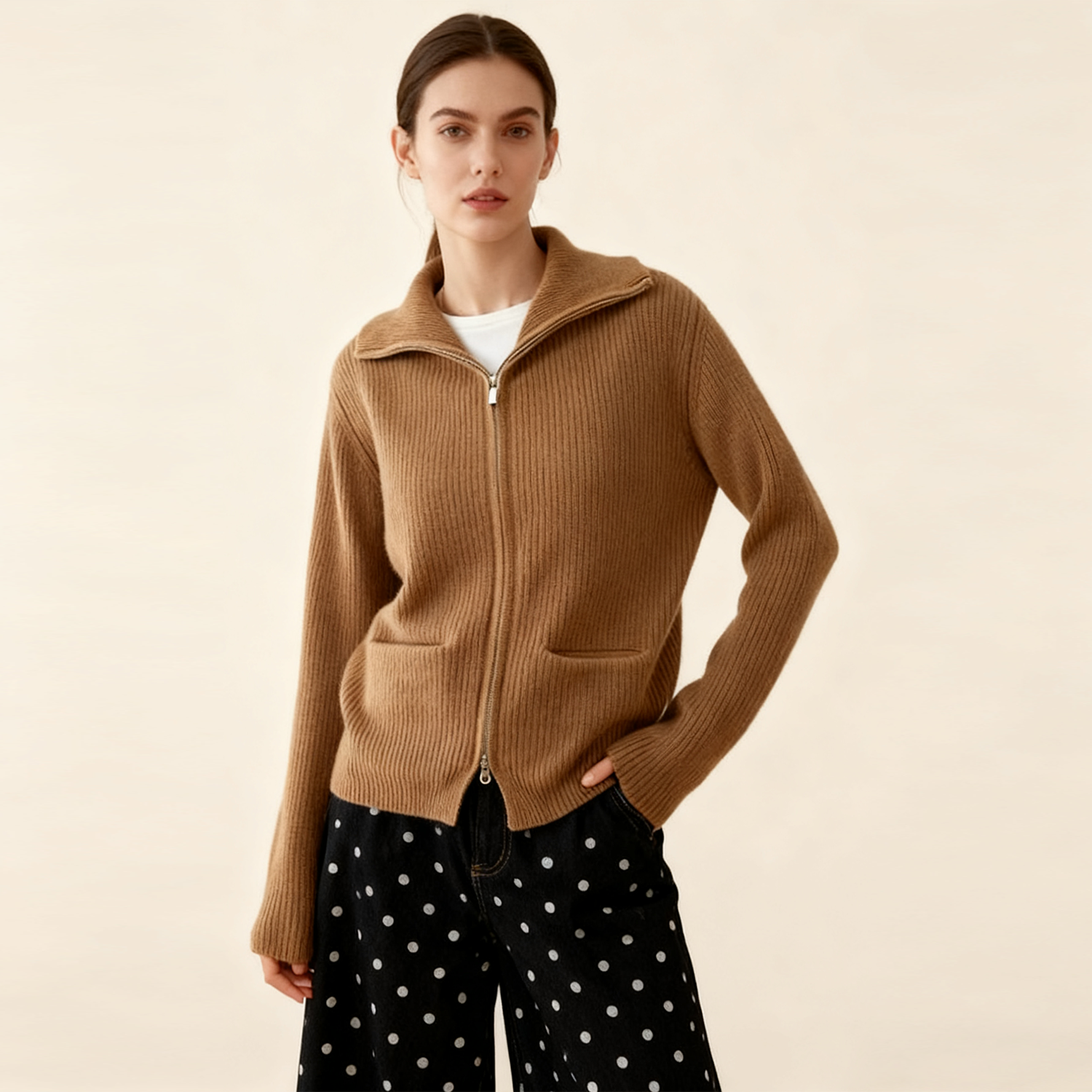 Women's Zipper Lapel Cashmere Jacket REAL SILK LIFE