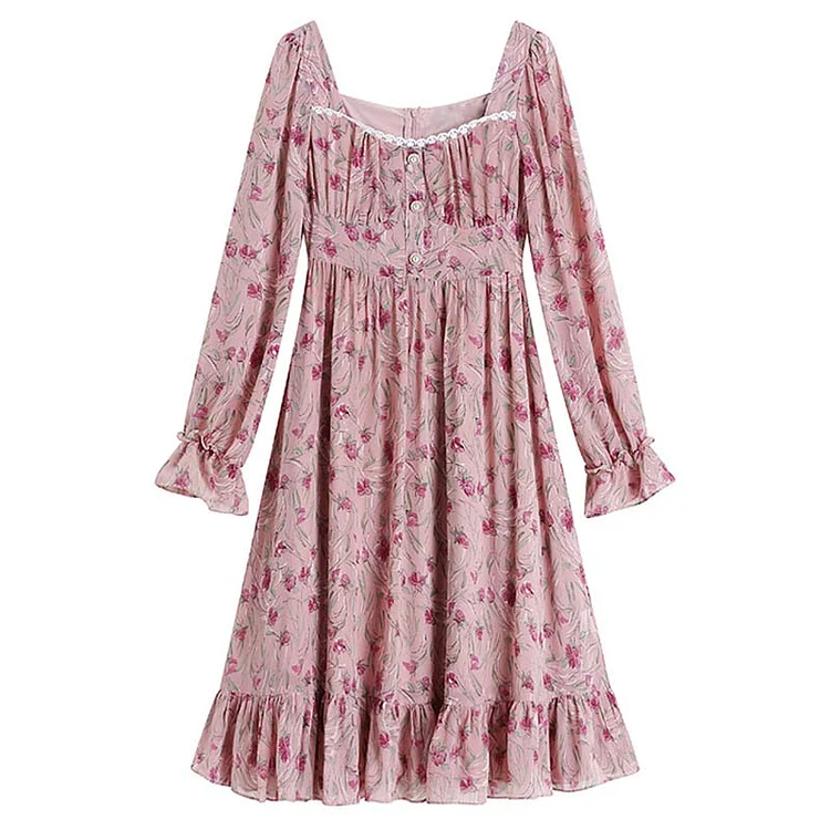 Floral Print Square Colllar Pearl Button Dress - Modakawa modakawa