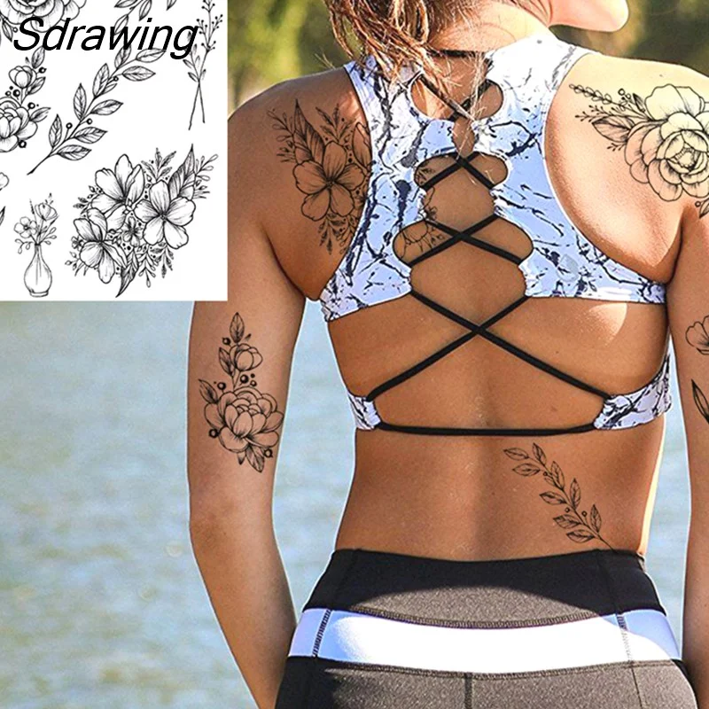 Sdrawing Lion Dahlia Temporary Tattoos For Women Adult Realistic Tiger Wolf Reindeer Snake Bird Fake Tattoo Sticker Washable Tatoos