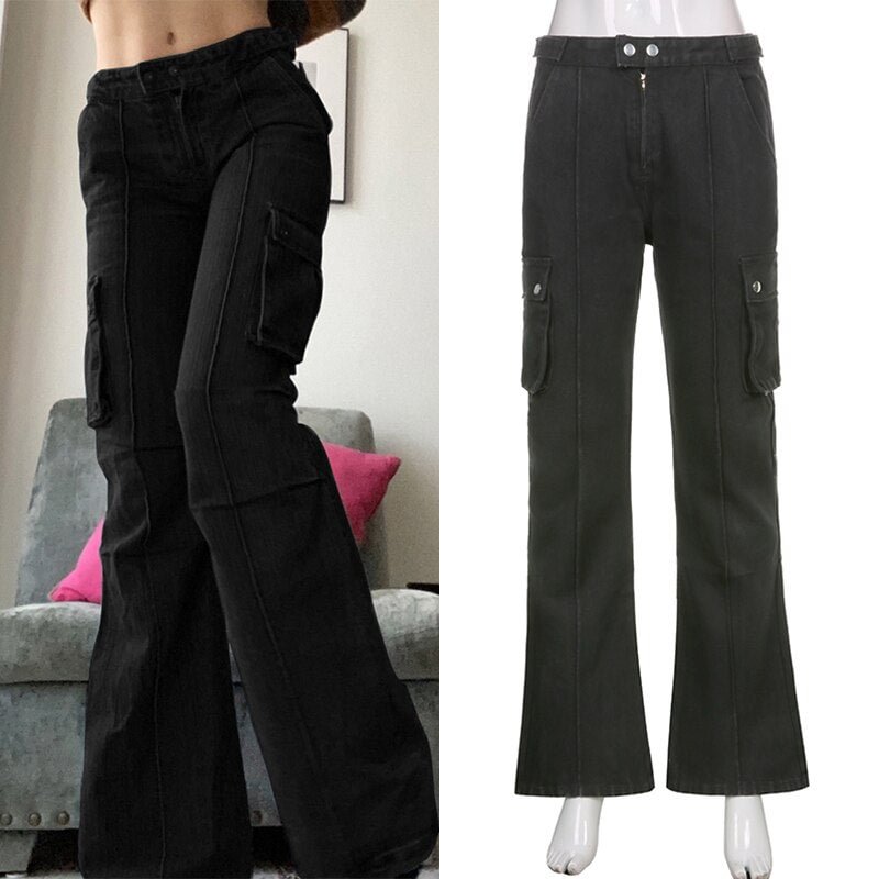 Sweetown Khaki Solid Baggy Cargo Pants Women Low Waist Mom Jeans Vintage 90s Grunge Streetwear Casual Hippie Denim Trousers