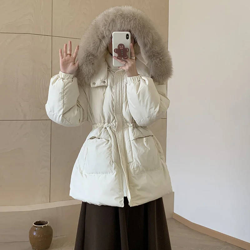 Toloer Korean Version Temperament Down Jacket Female Short Money 2024 Winter New Add Thick Fox Hair Collar Collect Waist Show Thin White Duck Down Coat-Outfit Ideas