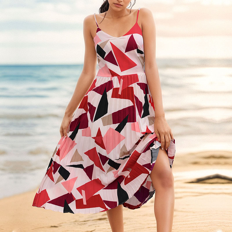 Mature Women Camisole Vacation A- Line Midi Dress Geometric Print Beach Dress