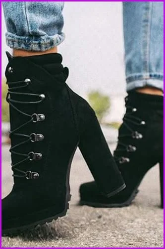 Women Flock Rivet Square High Heels Ankle Boots F3380