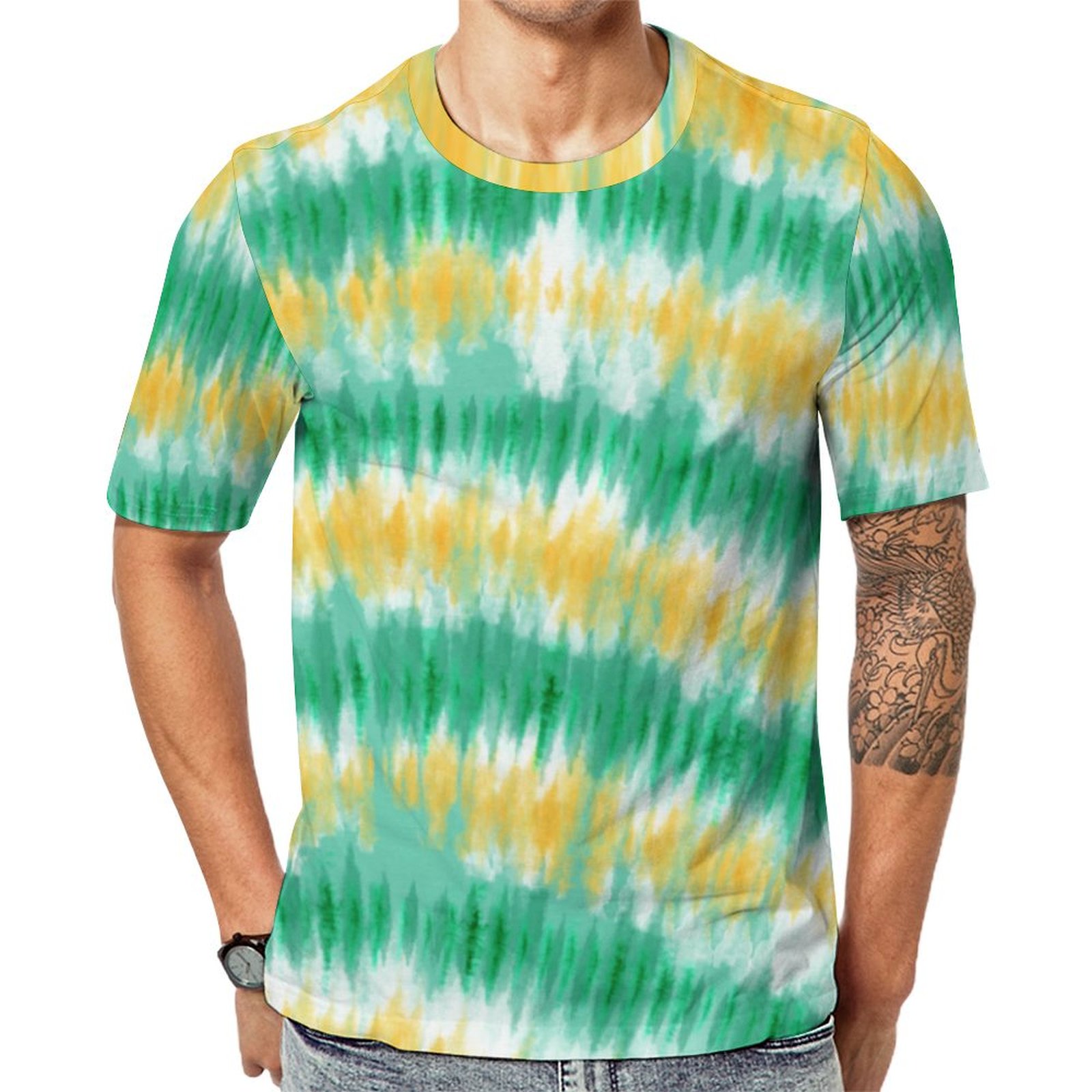Green Yellow Wave Tie Dye Short Sleeve Print Unisex Tshirt Summer Casual Tees for Men and Women Coolcoshirts