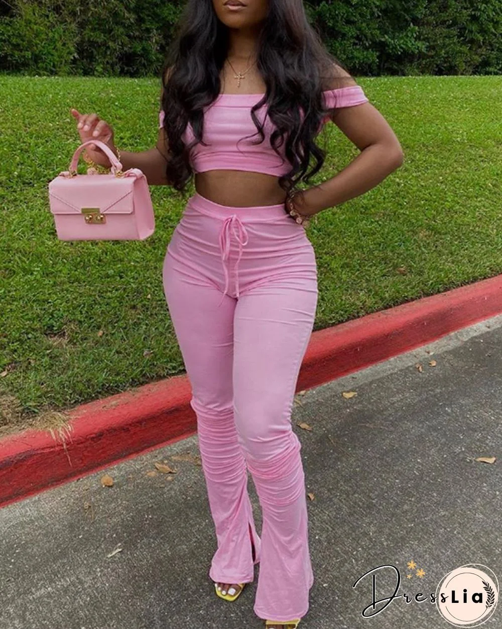 Off Shoulder Crop Top & Bootcut Pants Set