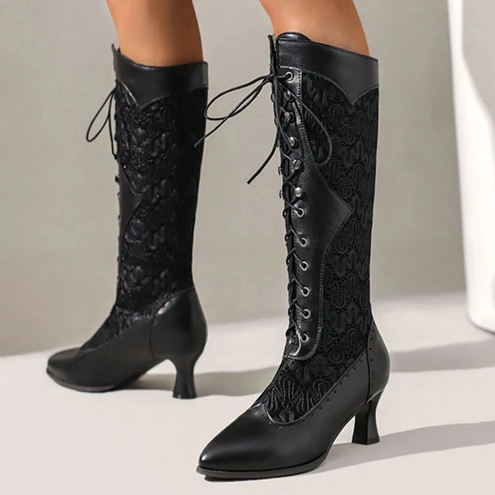 Women's Black Pointed Toe Spool Heel Lace Up Knee High Boots