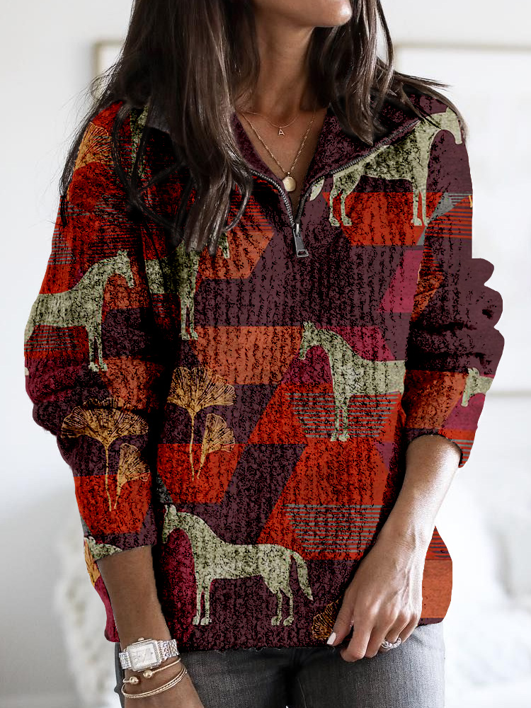  Vintage Horse Geometric Pattern Zip Up Cozy Sweater Westsshops