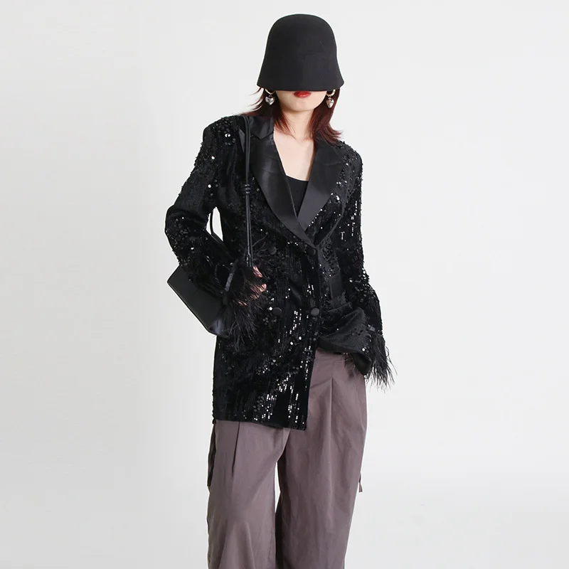 Toloer Toloer 2024 New V-Neck Long Sleeve Sequin Ostrich Splicing Suit Jacket-Outfit Ideas