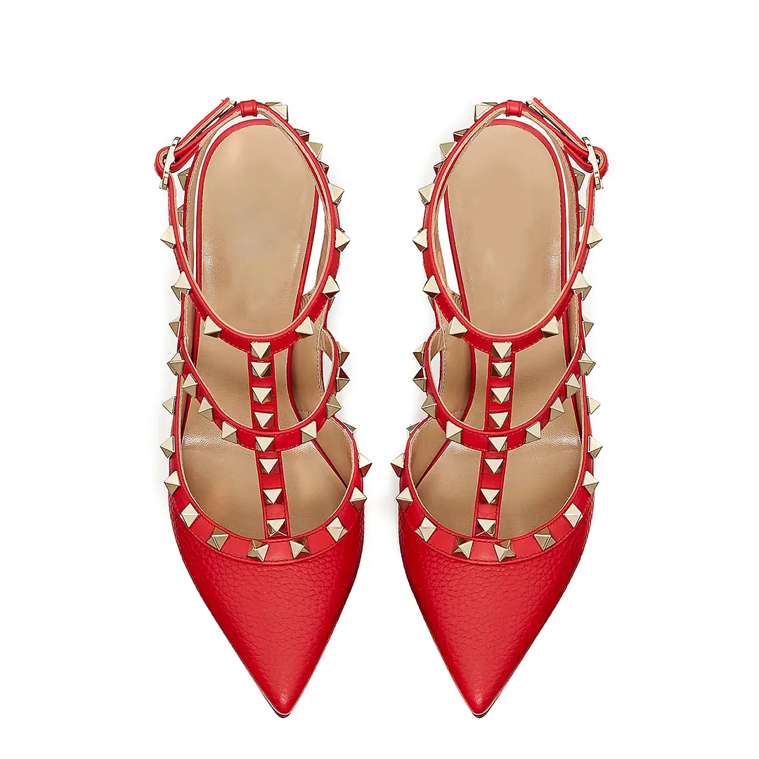 3.94" Middle Heels Rivets Sandals Red Lines-vocosishoes