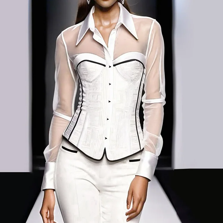Fashion Patchwork See-Through Contrast Binding Long Sleeve Blouse