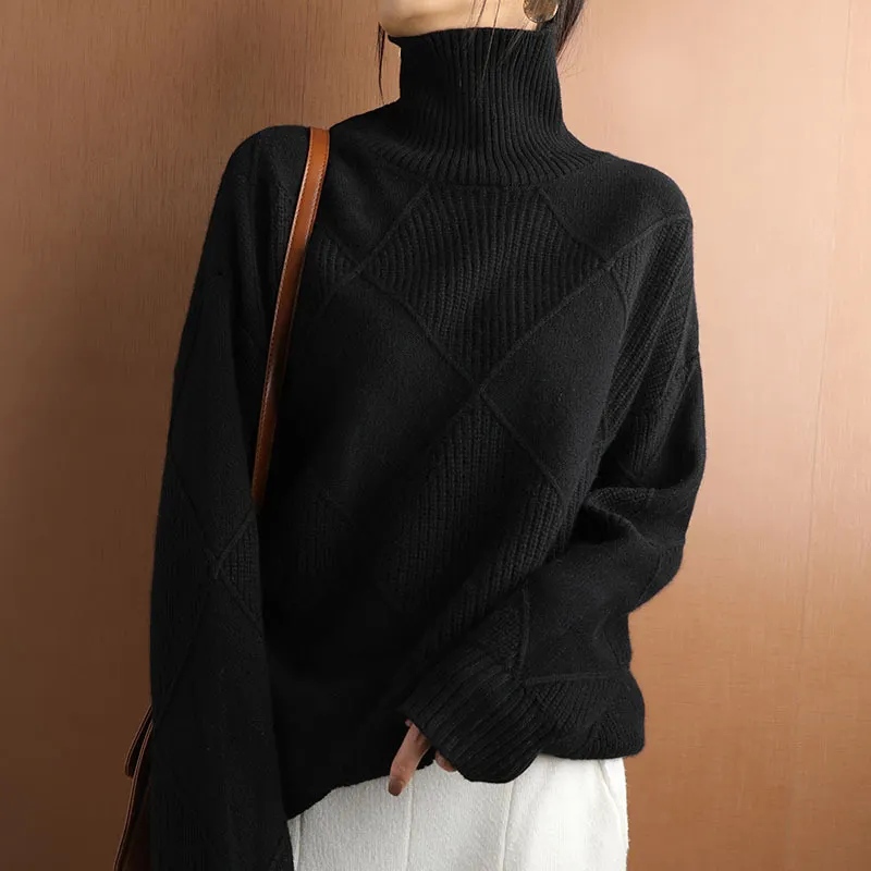 Women Turtleneck Diamond Cable Knit Sweater