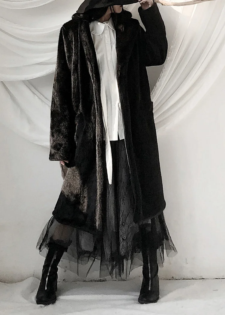 Casual Black Notched Rabbit Hair Thick Maxi Trench Coats Fall