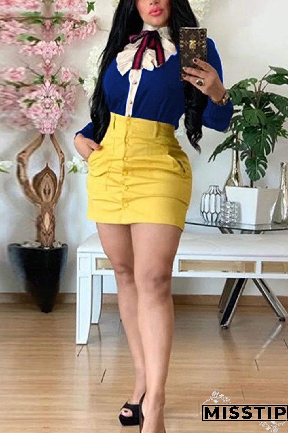 Black Turndown Collar Long Sleeve Solid bow-knot Patchwork Slim fit Blouses & Shirts