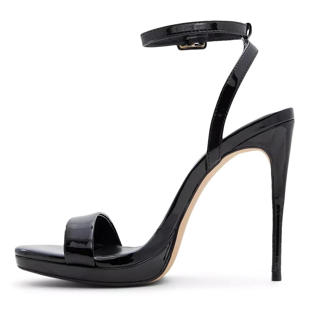 Women's Open Round Toe Buckle Ankle Strap Black Platform Sandals