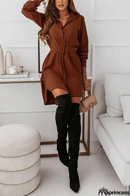 Button Long Sleeve Shirt Mini Dress With Belt