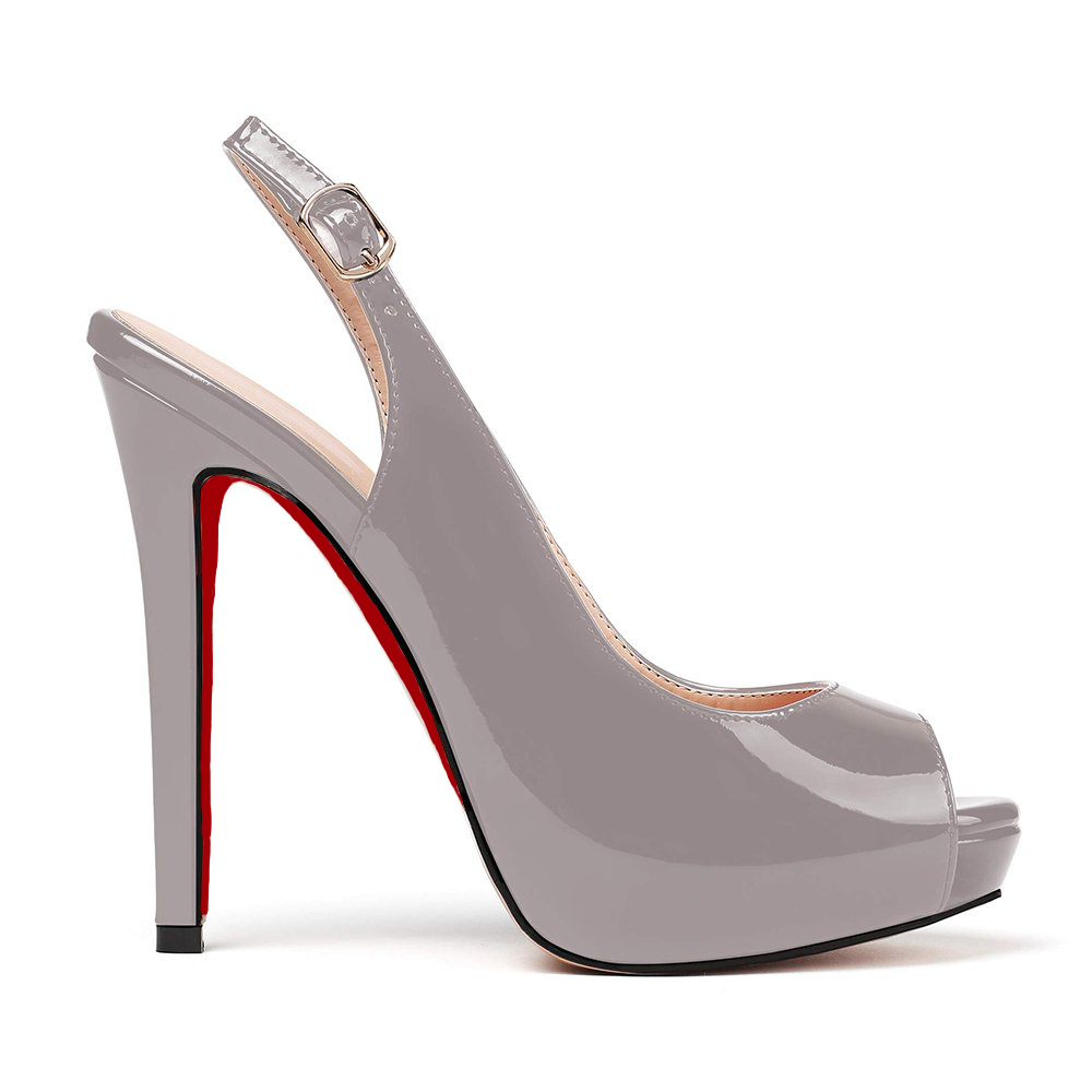 120mm Red Bottom Strap Slingback Sandals Peep Toe Platform Stilettos Grey Patent Heels-MERUMOTE